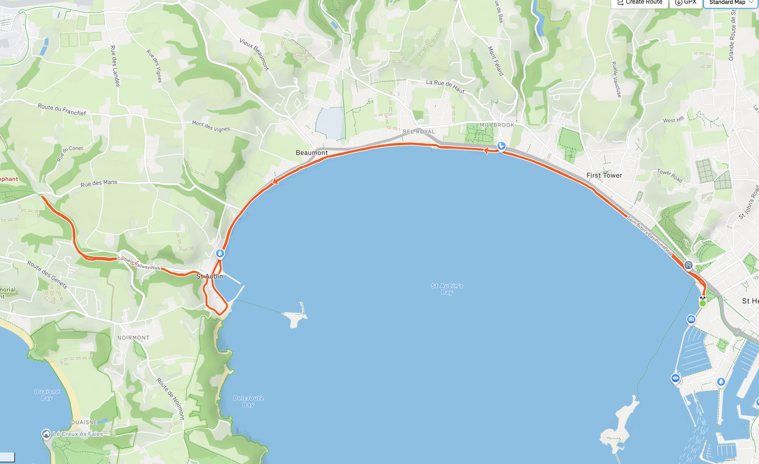 Running for Frubbs course map around St Aubin's Bay, between St Helier and St Aubin
